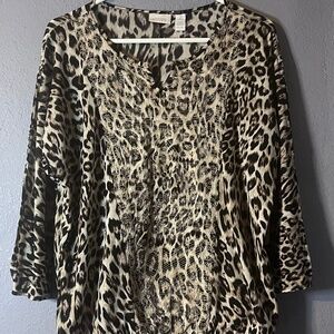 Chico's Top Women's Size 2 Knit Long Sleeved w/Slits Brown Embroidered Leopard